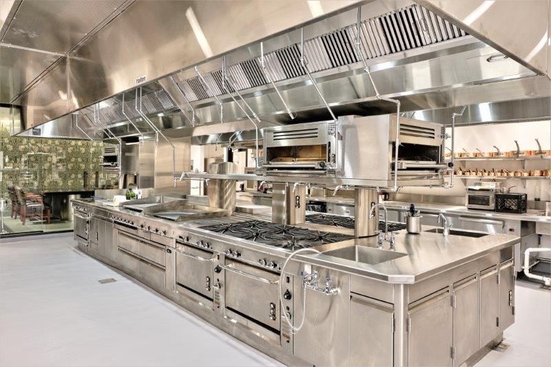 A large hotel production kitchen standing empty between services